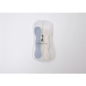 Cuilleres Silicone Bebe (2) Bleu Pale Et Blanc Creme