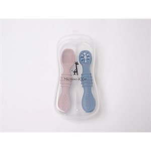 Cuilleres Silicone Bebe (2) Vieux Rose Et Bleu Nuit